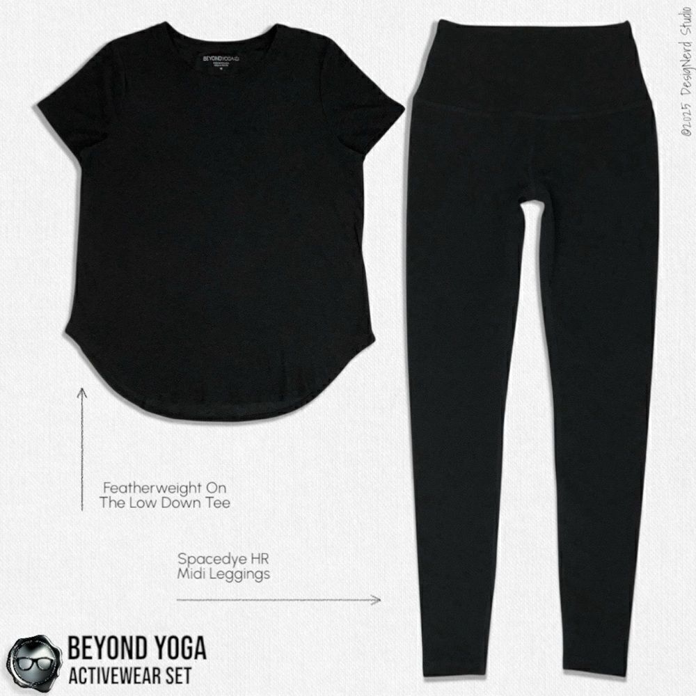 BEYOND YOGA SPACEDYE SET: ON THE DOWN LOW TEE + MIDI LEGGINGS IN DARKEST NIGHT M